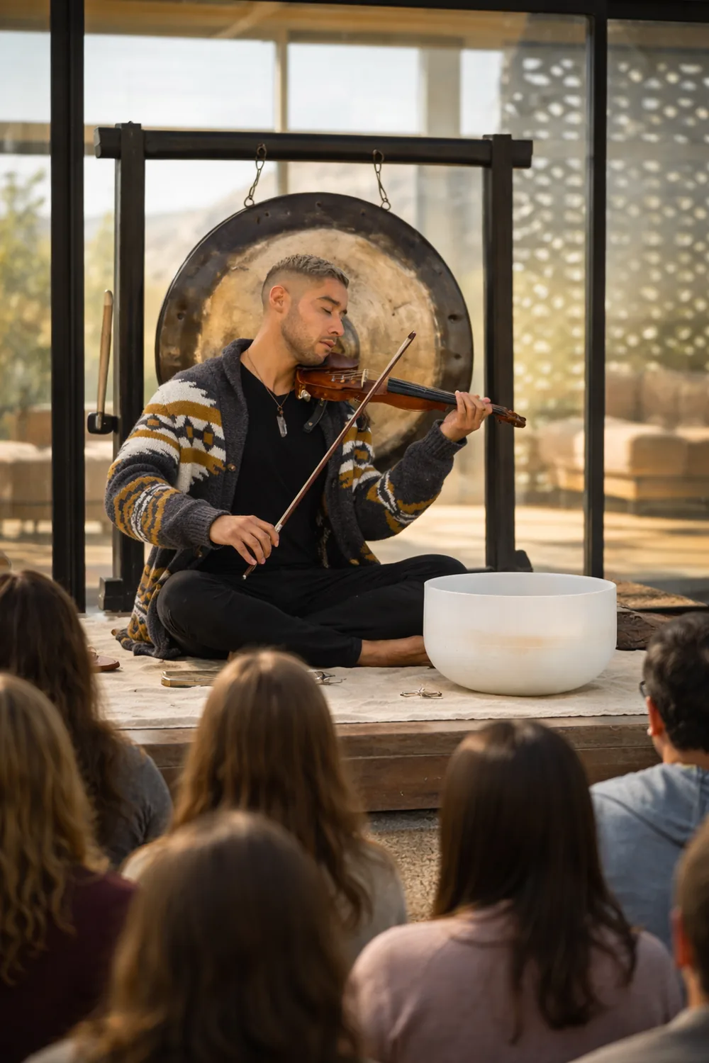 Paxin Tenebris leading a sound experience with violin, gong, and singing bowl